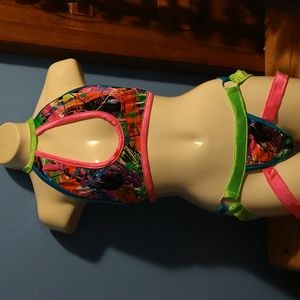 Paint splashed halter and 3 string swim suit